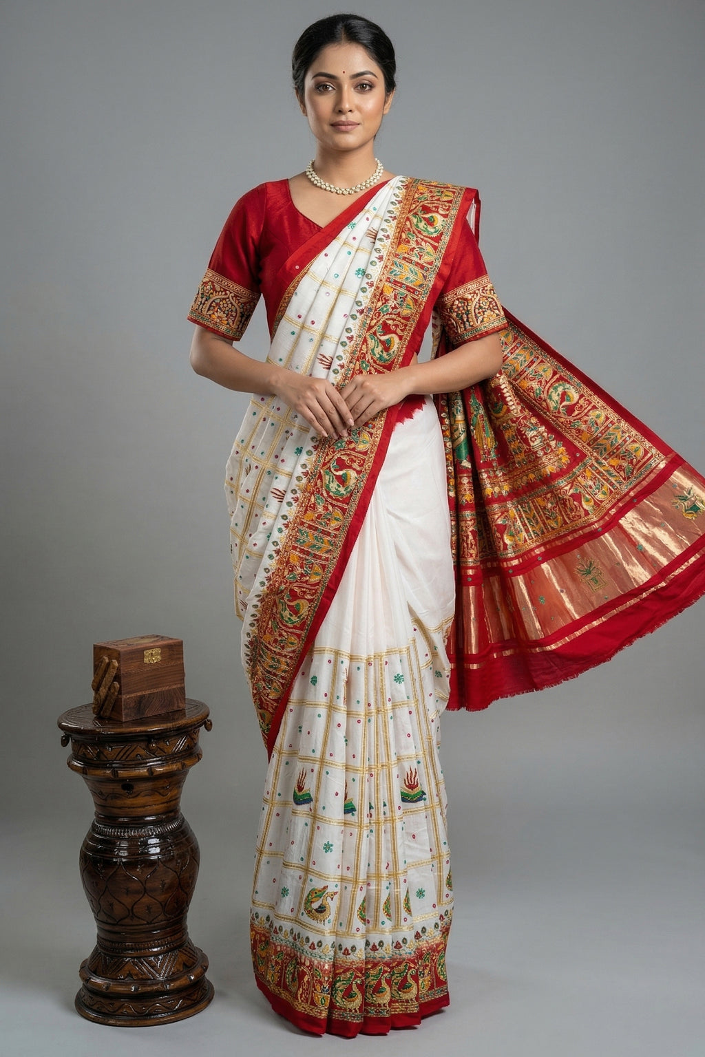 Pearl White Gaji Silk Bridal Panetar Saree with Embroidery - white silk saree embroidery
