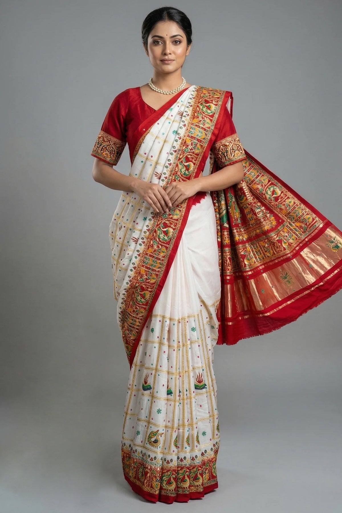 Pearl White Gaji Silk Bridal Panetar Saree with Embroidery