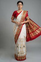 Pearl White Gaji Silk Bridal Panetar Saree with Embroidery