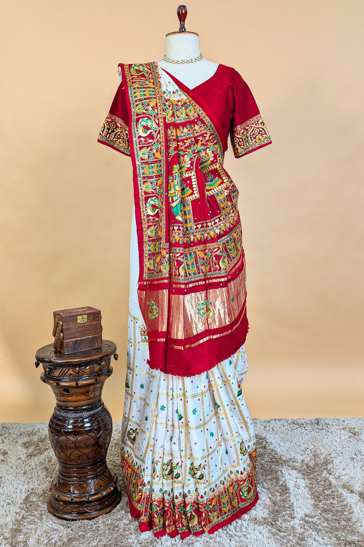 Pearl White Gaji Silk Bridal Panetar Saree with Embroidery - white silk saree embroidery