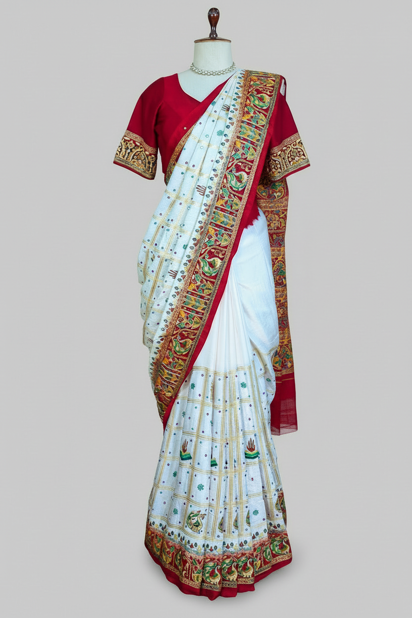 Pearl White Gaji Silk Bridal Panetar Saree with Embroidery - white silk saree embroidery