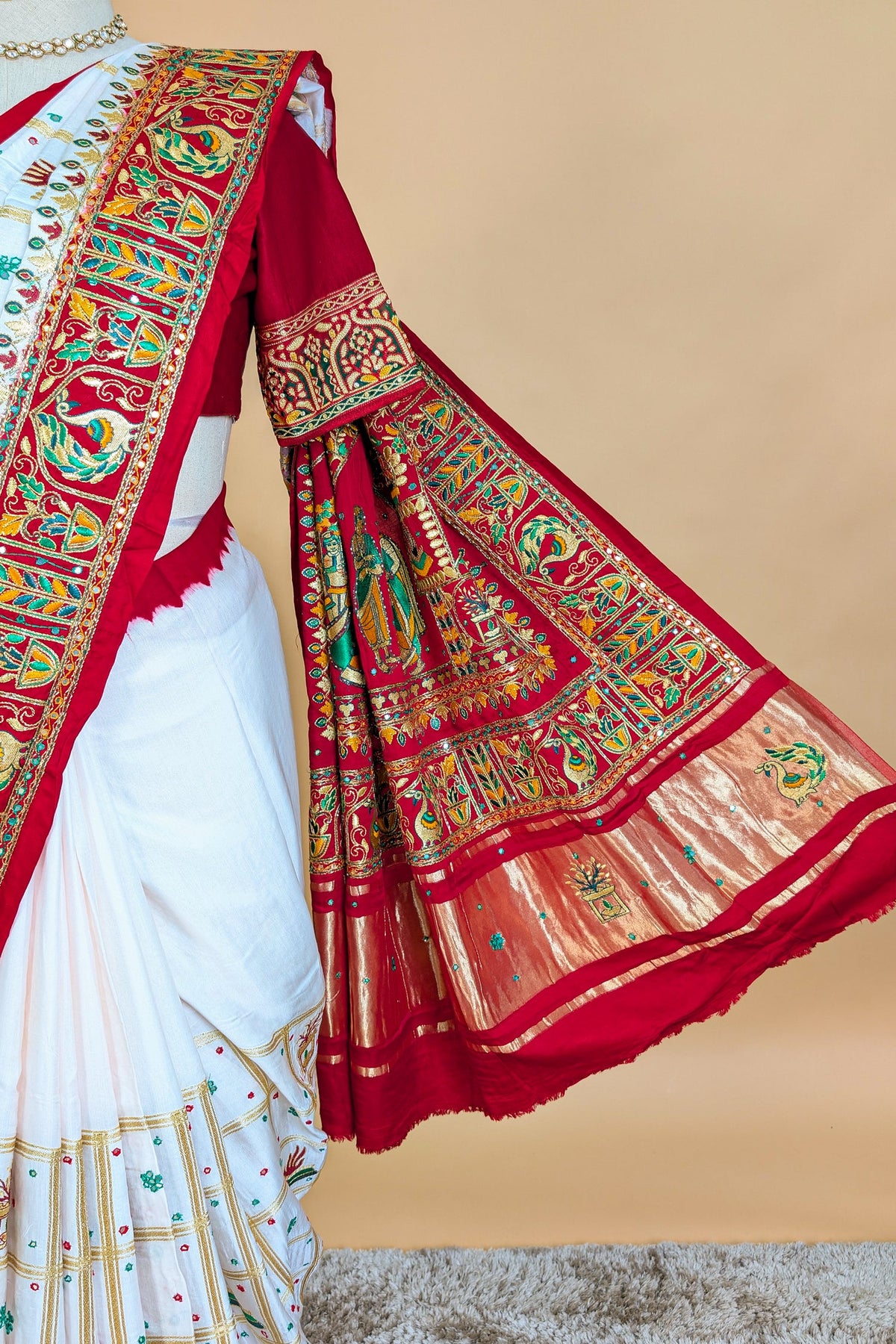 Pearl White Gaji Silk Bridal Panetar Saree with Embroidery - white silk saree embroidery