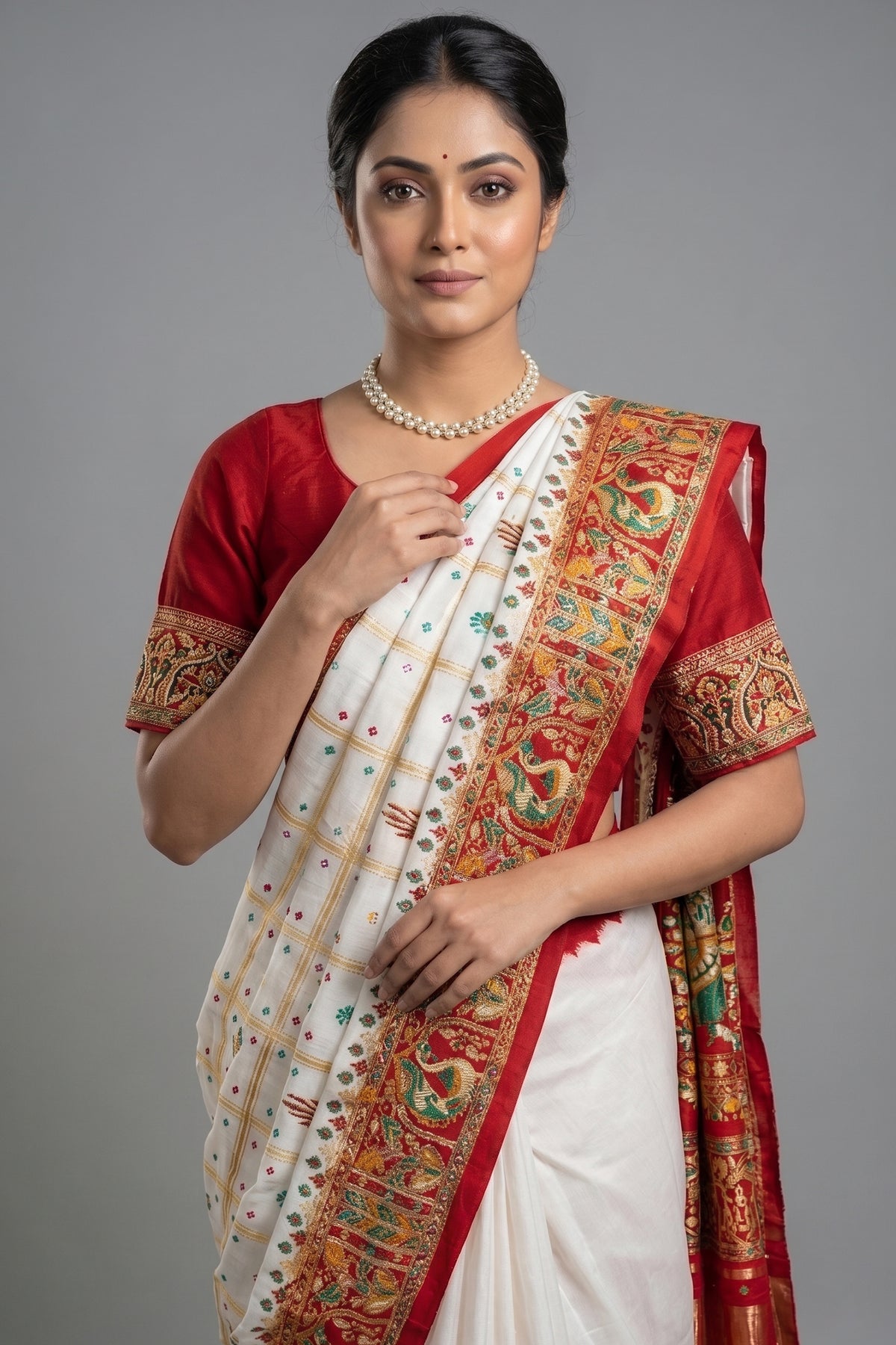 Pearl White Gaji Silk Bridal Panetar Saree with Embroidery - white silk saree embroidery
