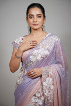 Light Pink and Purple Ombre Net Sequin Beaded Saree - pink net saree