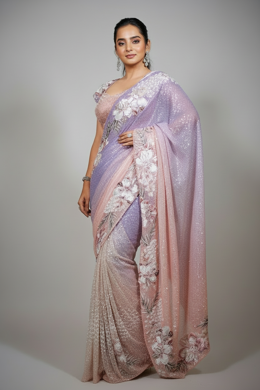 Light Pink and Purple Ombre Net Sequin Beaded Saree - pink net saree Main image