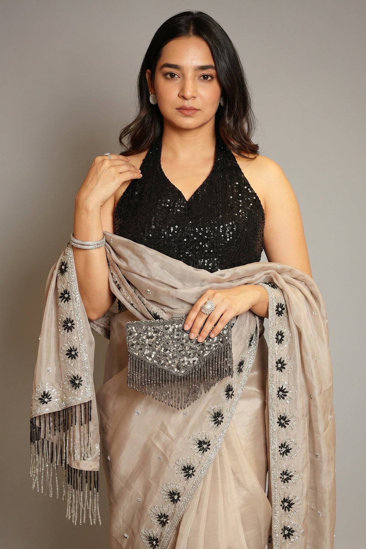 Taupe Organza Cutdana Beaded Saree with Heltar Neck Blouse - organza saree