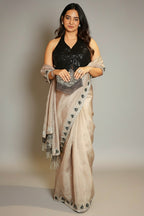 Taupe Organza Cutdana Beaded Saree with Heltar Neck Blouse - organza saree