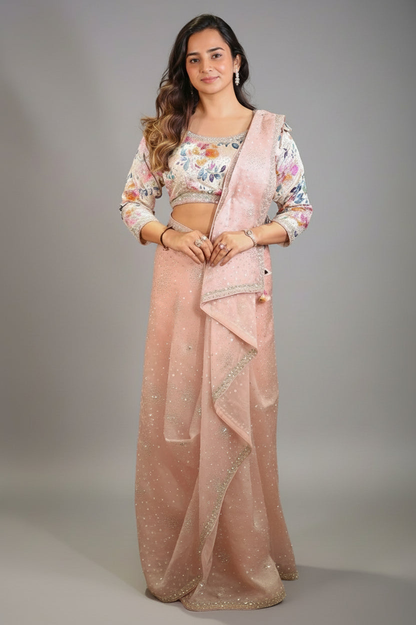 Dusty Pink Organza Sequin Worked Saree with Floral Printed Full Sleeve Blouse