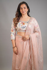 Dusty Pink Organza Sequin Worked Saree with Floral Printed Full Sleeve Blouse