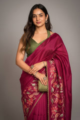 Wine Purple Cotton Silk Floral Thread Embroidered Saree