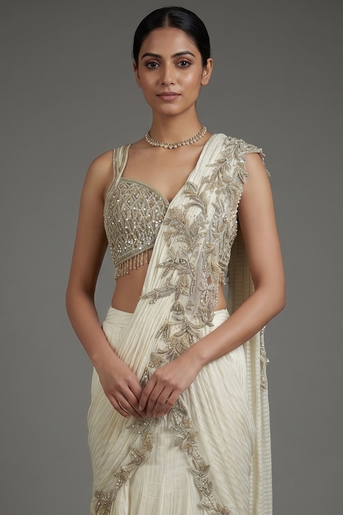 Pearl White Imported Layered Fish Cut Pre Draped Lehenga Saree - red saree