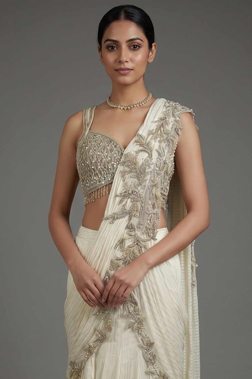 Pearl White Imported Layered Fish Cut Pre Draped Lehenga Saree - red saree
