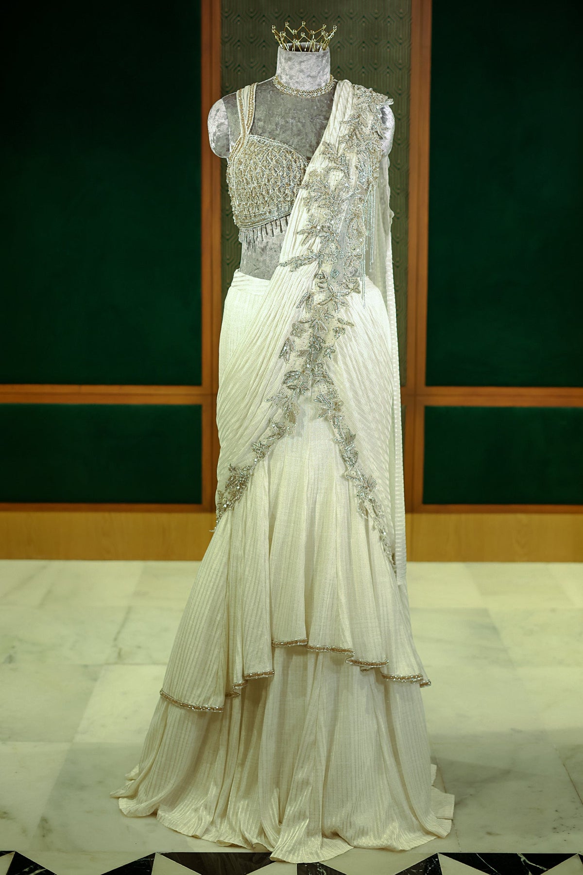 Pearl White Imported Layered Fish Cut Pre Draped Lehenga Saree