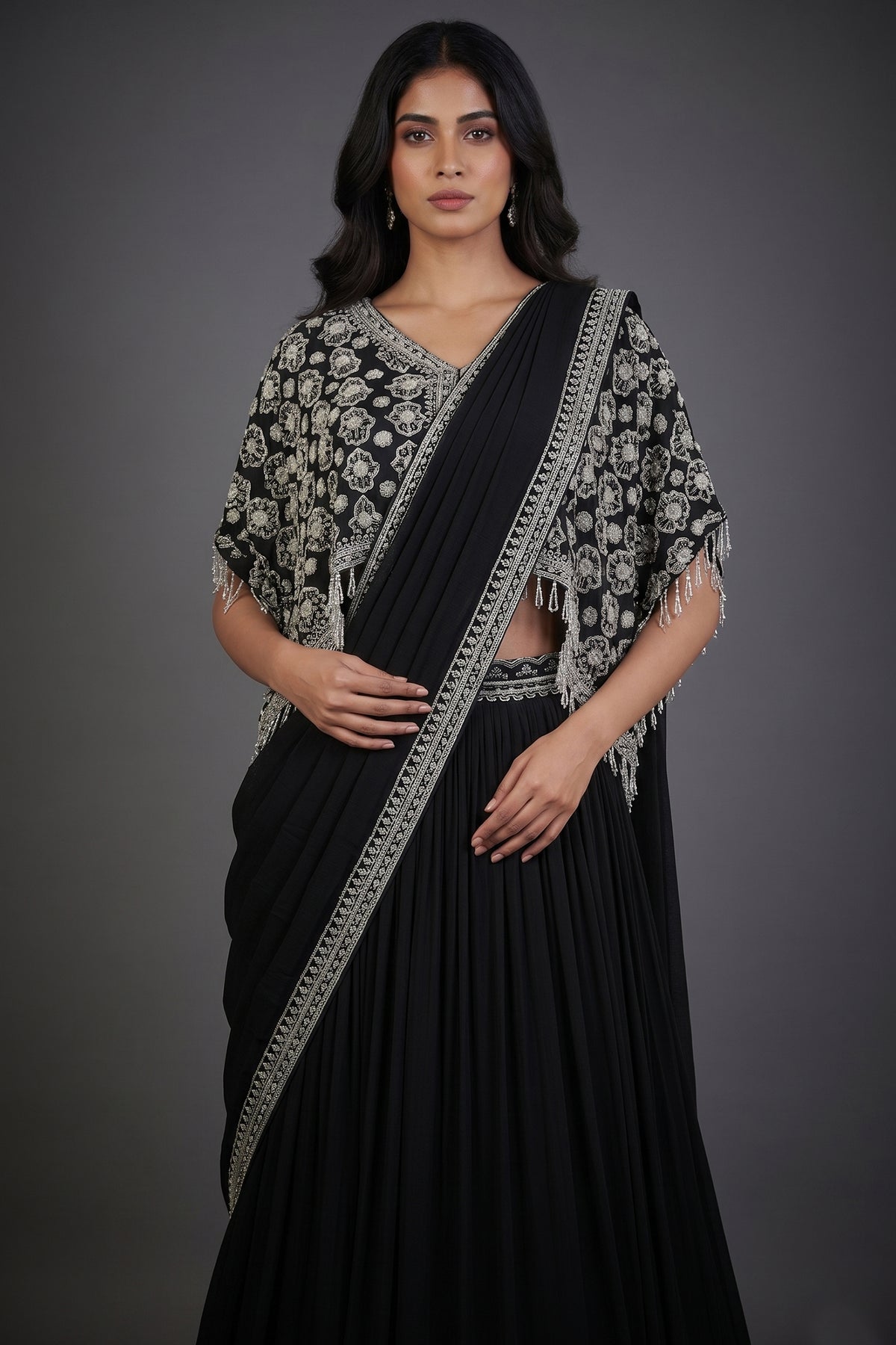 Black Chinon Silk Pre Drape Lehenga Saree with Sequin Cutdana Worked Poncho Cape - black silk saree