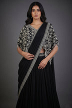 Black Chinon Silk Pre Drape Lehenga Saree with Sequin Cutdana Worked Poncho Cape - black silk saree