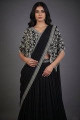 Black Chinon Silk Pre Drape Lehenga Saree with Sequin Cutdana Worked Poncho Cape - black silk saree