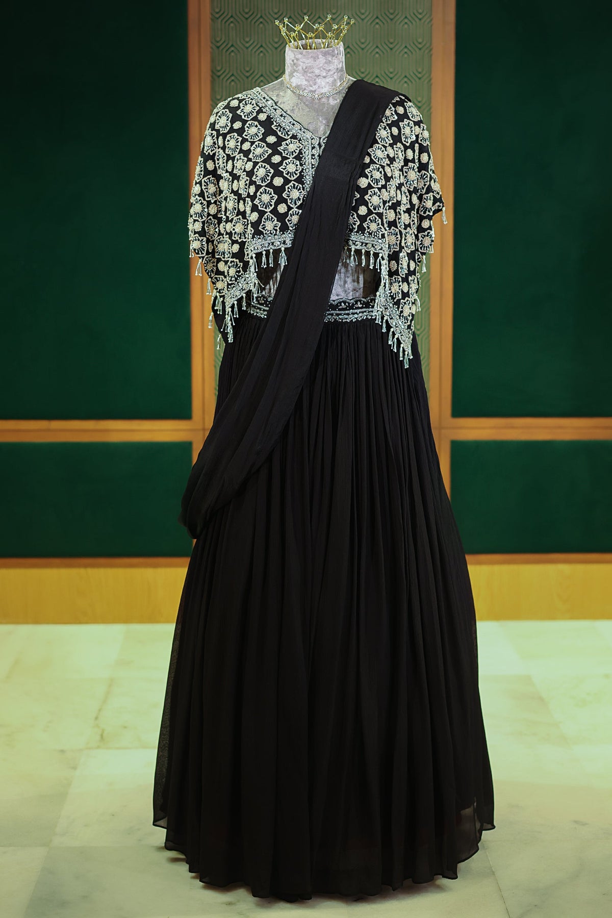 Black Chinon Silk Pre Drape Lehenga Saree with Sequin Cutdana Worked Poncho Cape - black silk saree