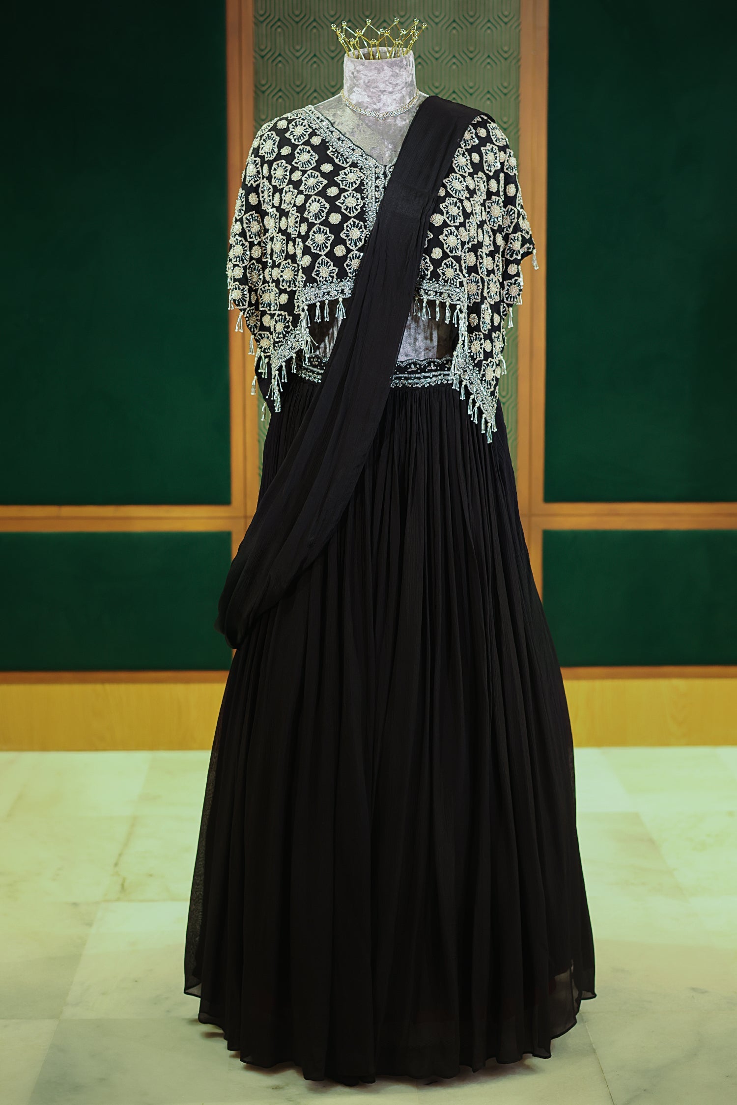Black Chinon Silk Pre Drape Lehenga Saree with Sequin Cutdana Worked Poncho Cape - black silk saree