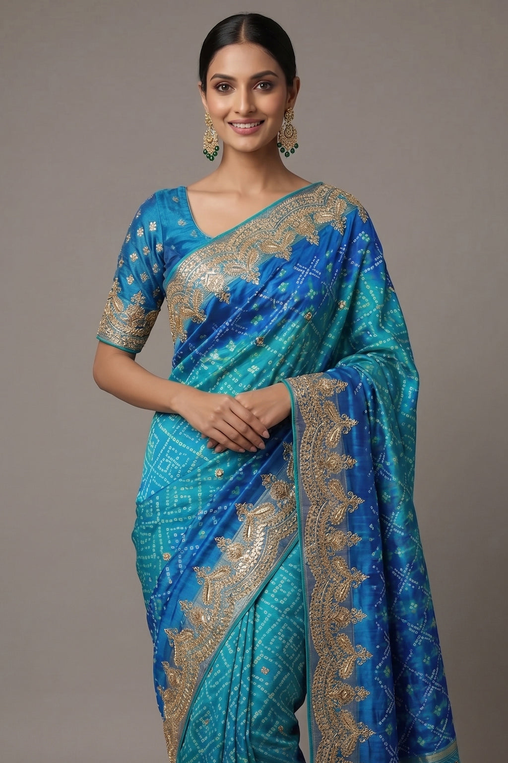 Turquoise Blue Silk Patola Saree with Zardosi Sequin Worked Scallop Border - blue silk saree patola