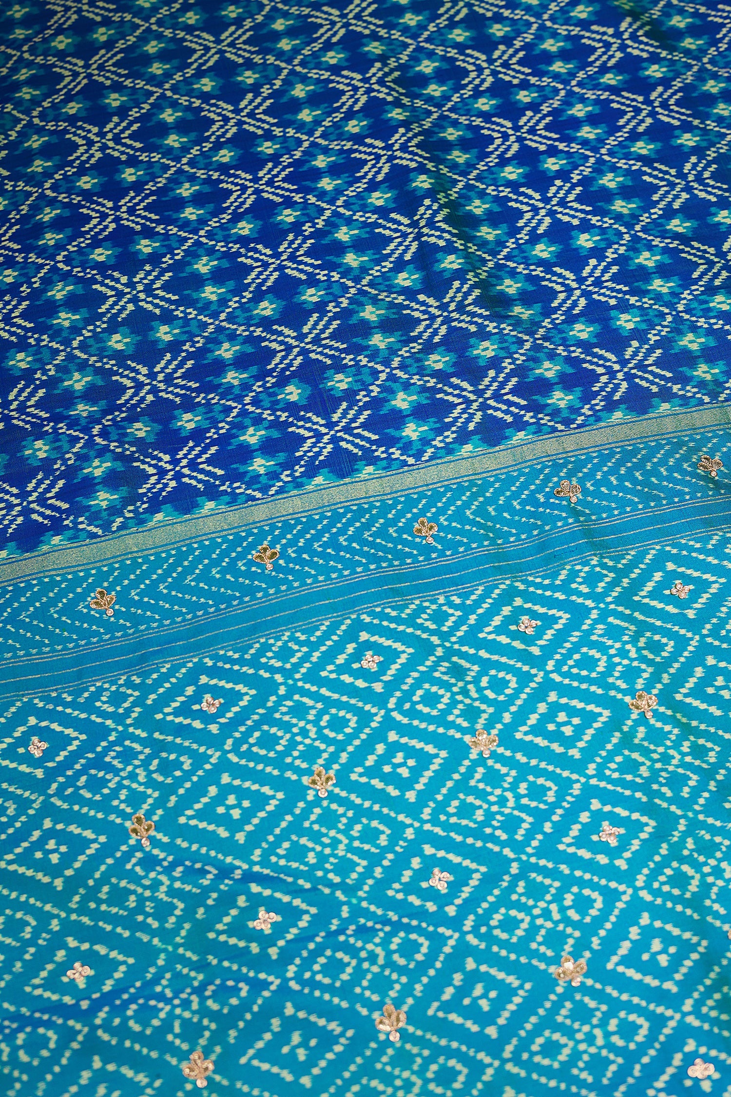 Turquoise Blue Silk Patola Saree with Zardosi Sequin Worked Scallop Border - blue silk saree patola