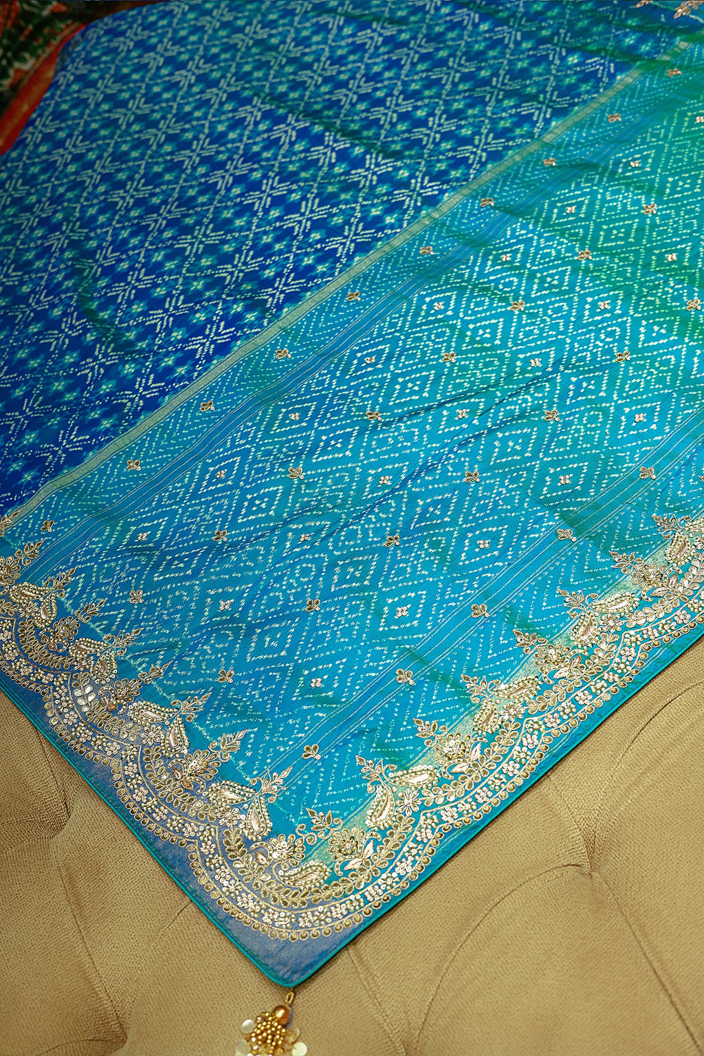 Turquoise Blue Silk Patola Saree with Zardosi Sequin Worked Scallop Border - blue silk saree patola