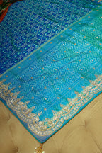 Turquoise Blue Silk Patola Saree with Zardosi Sequin Worked Scallop Border - blue silk saree patola