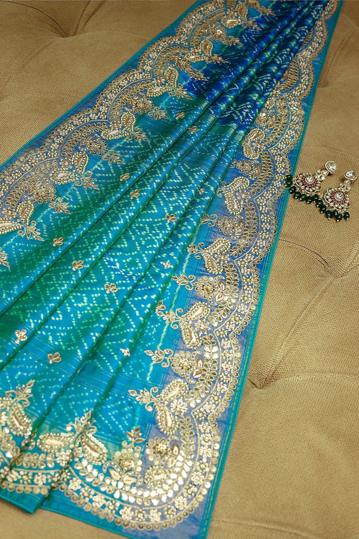 Turquoise Blue Silk Patola Saree with Zardosi Sequin Worked Scallop Border - blue silk saree patola