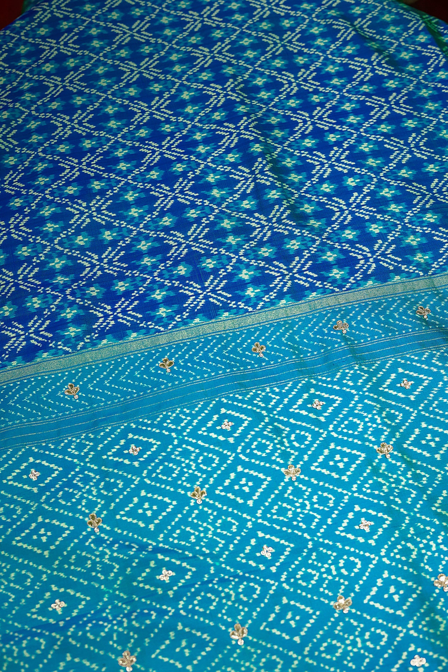 Turquoise Blue Silk Patola Saree with Zardosi Sequin Worked Scallop Border - blue silk saree patola