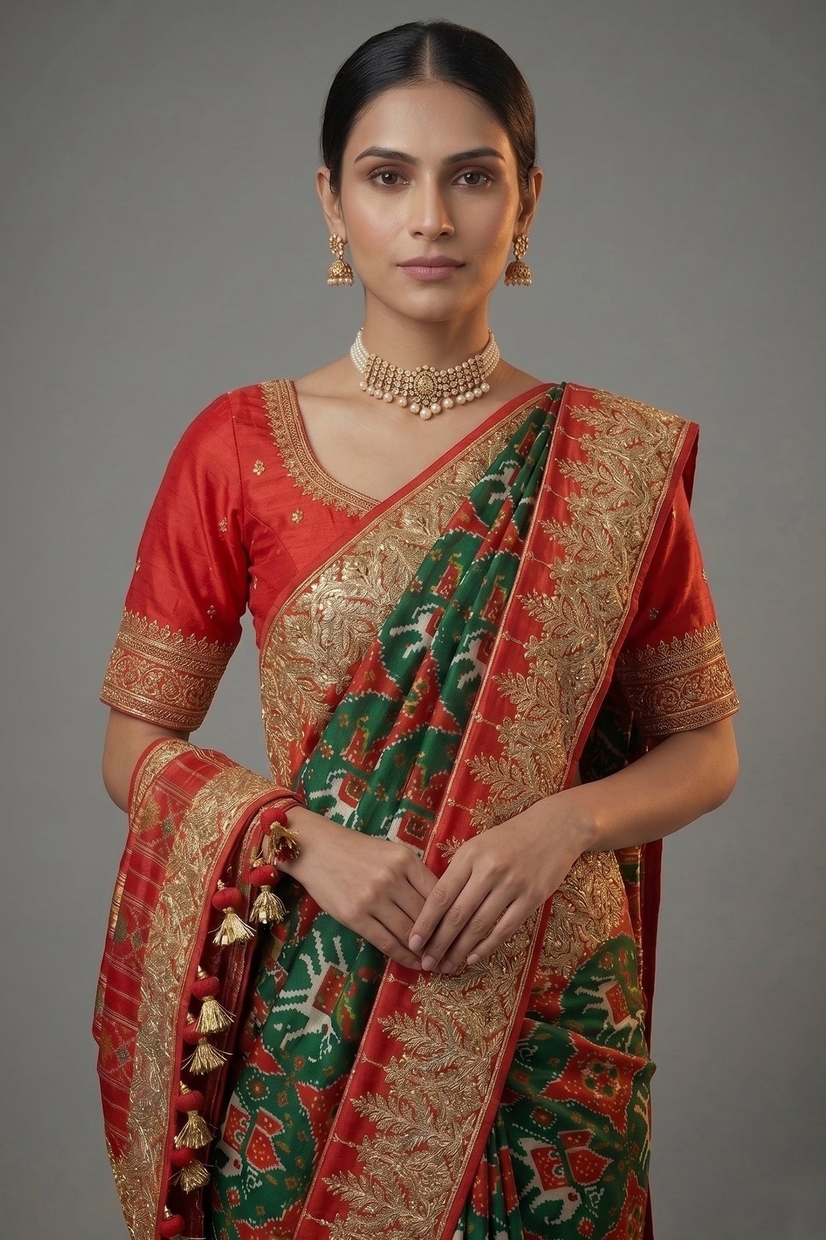 Green and Red Silk Traditional Patola Saree with Zardosi and Beads Work - red silk saree patola