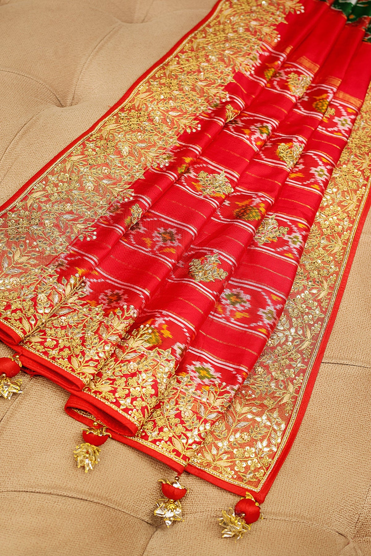 Green and Red Silk Traditional Patola Saree with Zardosi and Beads Work - red silk saree patola