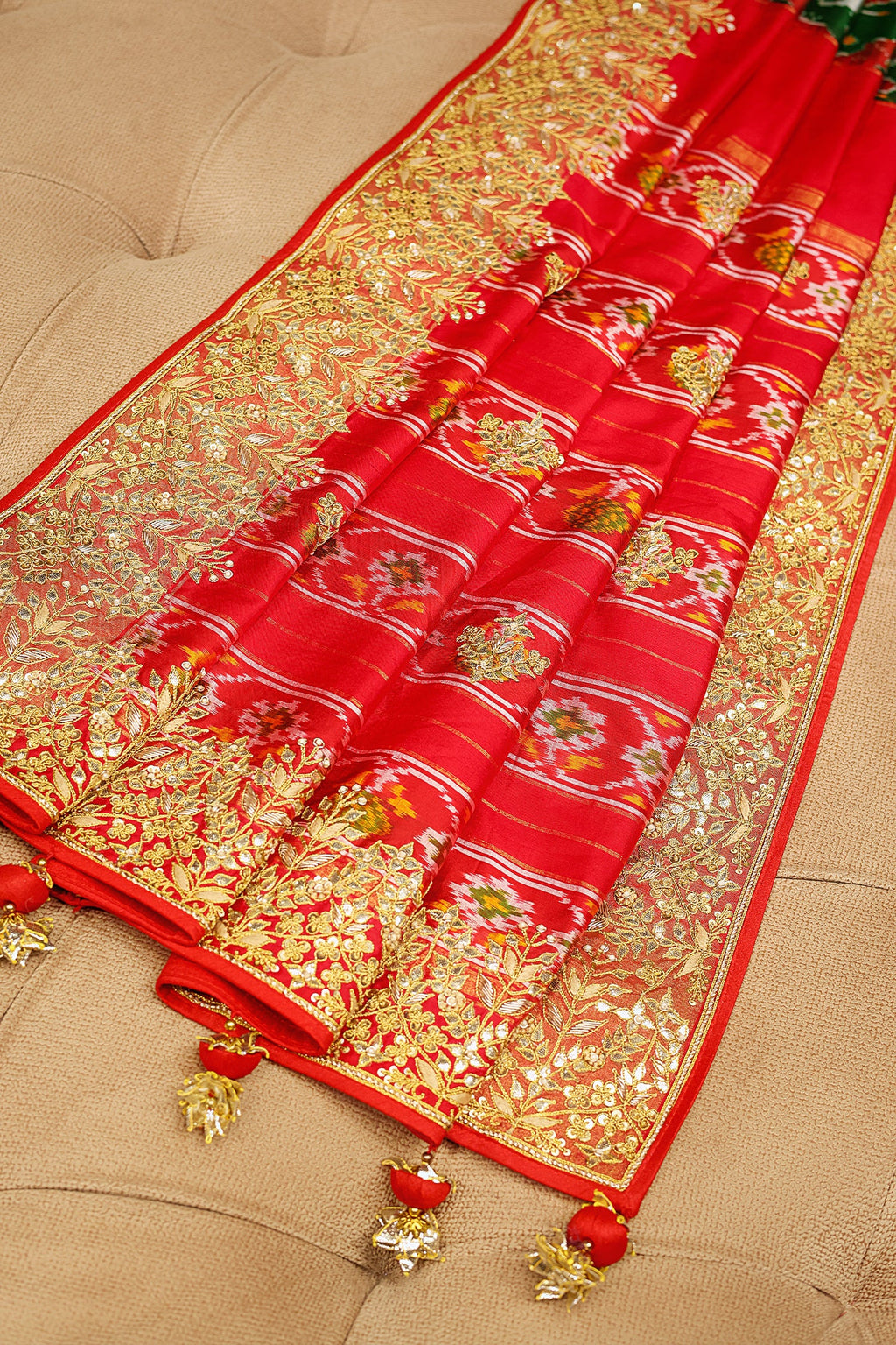 Green and Red Silk Traditional Patola Saree with Zardosi and Beads Work - red silk saree patola