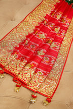 Green and Red Silk Traditional Patola Saree with Zardosi and Beads Work - red silk saree patola