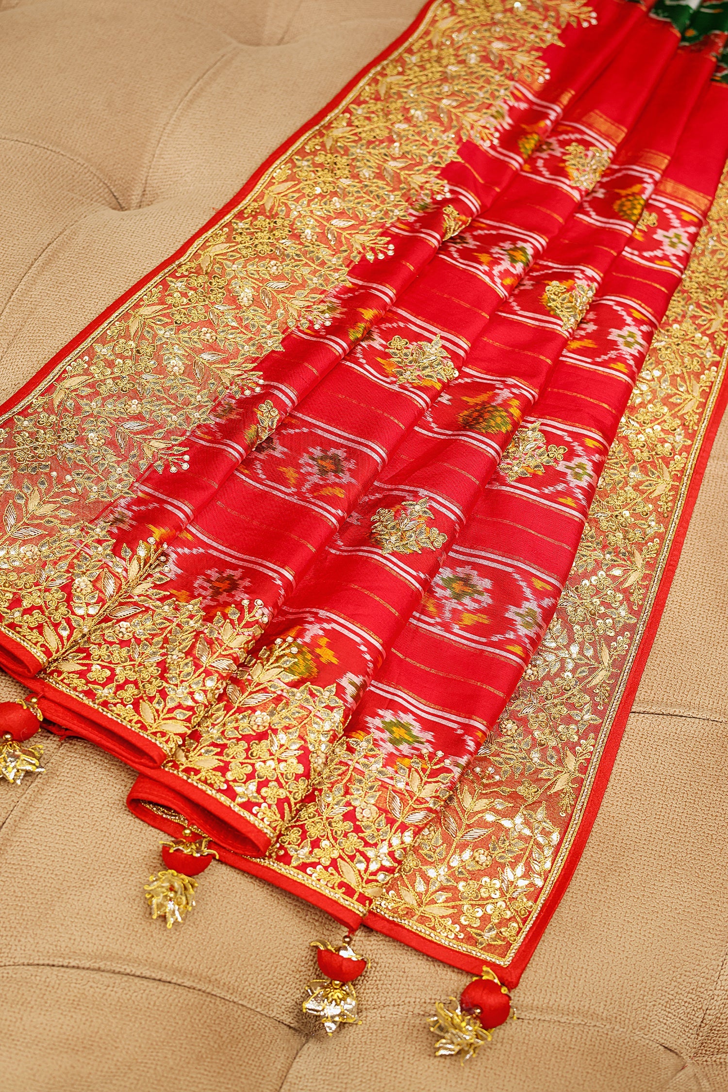 Green and Red Silk Traditional Patola Saree with Zardosi and Beads Work - red silk saree patola