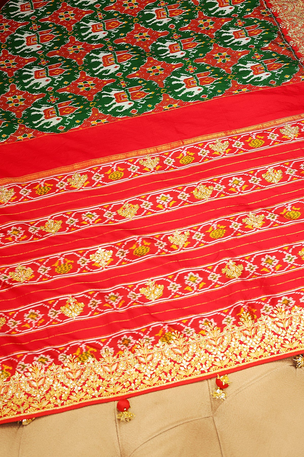 Green and Red Silk Traditional Patola Saree with Zardosi and Beads Work - red silk saree patola