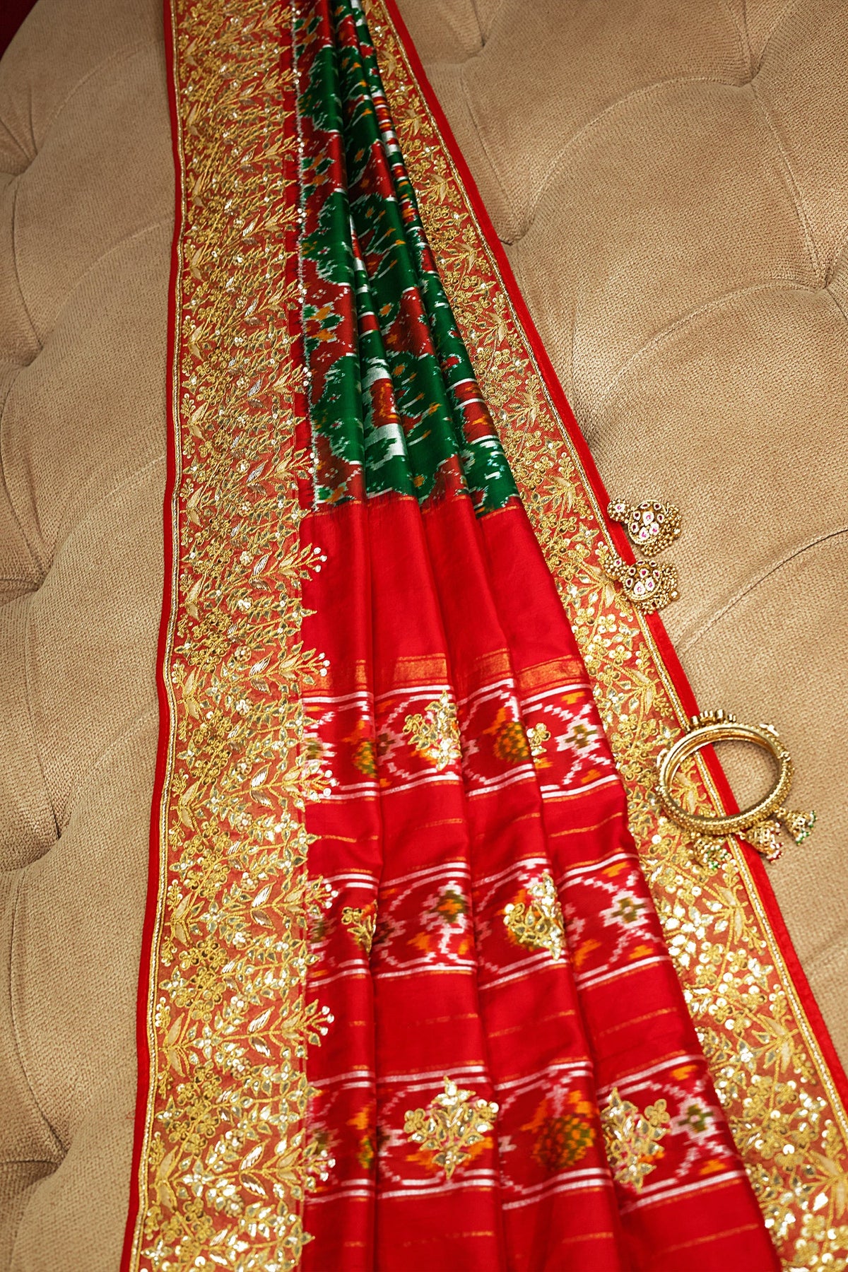 Green and Red Silk Traditional Patola Saree with Zardosi and Beads Work - red silk saree patola
