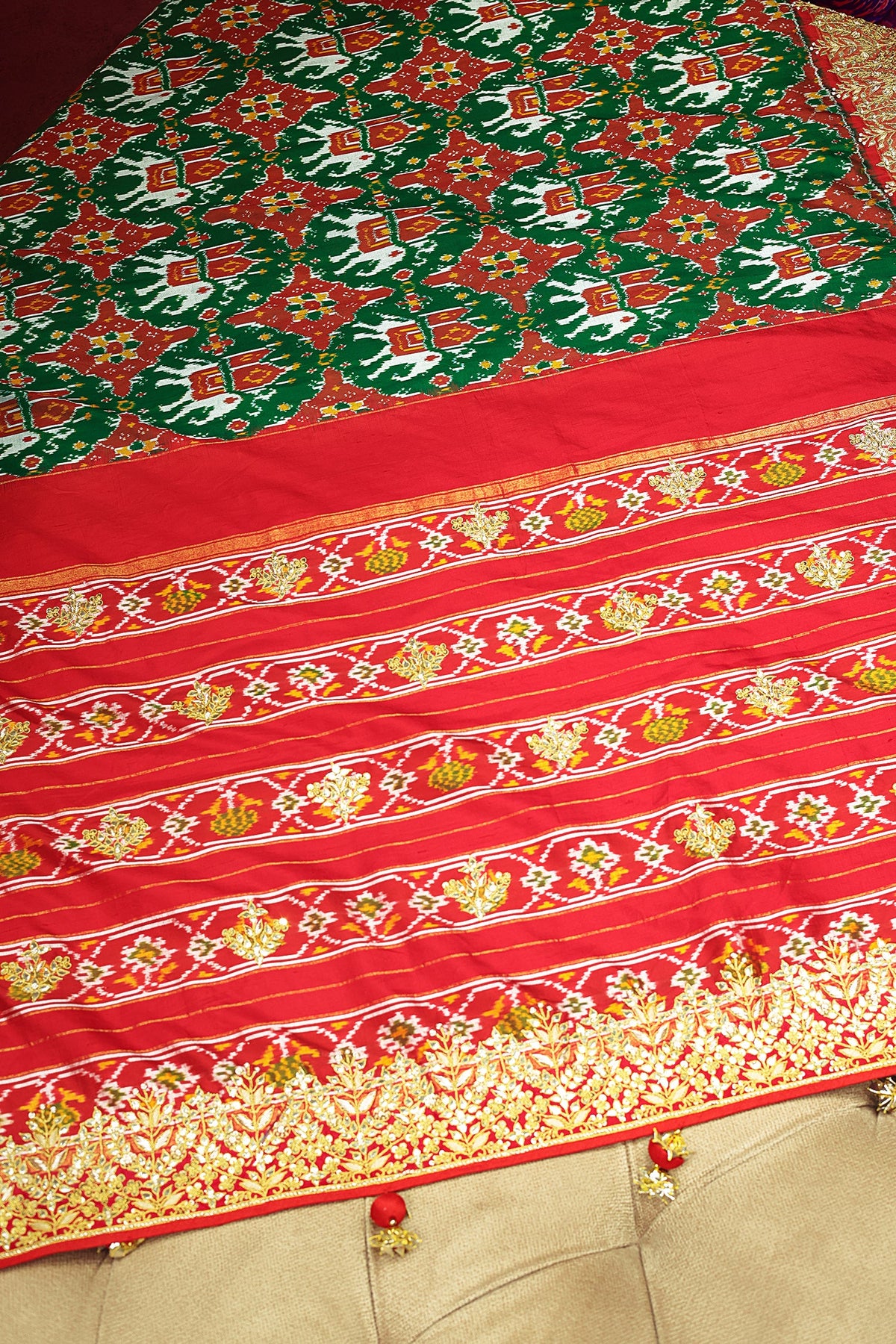 Green and Red Silk Traditional Patola Saree with Zardosi and Beads Work - red silk saree patola