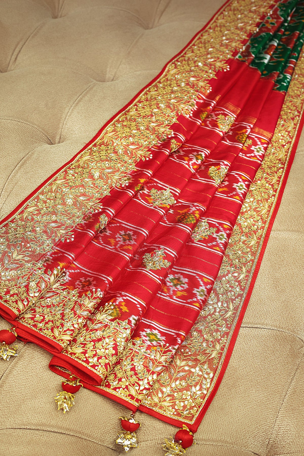 Green and Red Silk Traditional Patola Saree with Zardosi and Beads Work - red silk saree patola