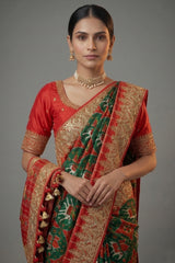 Green and Red Silk Traditional Patola Saree with Zardosi and Beads Work - red silk saree patola