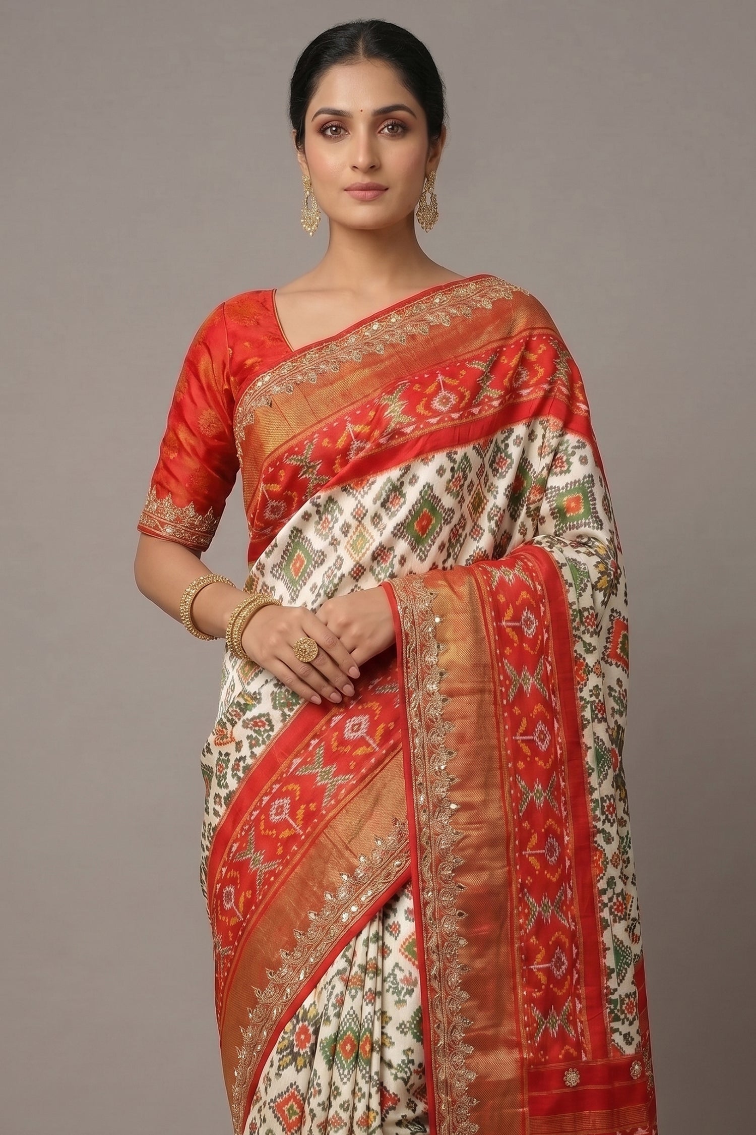 Off White Silk Traditional Patola Saree with Gota Work - white silk saree patola