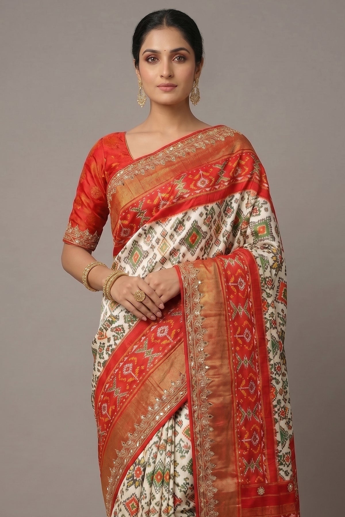 Off White Silk Traditional Patola Saree with Gota Work - white silk saree patola