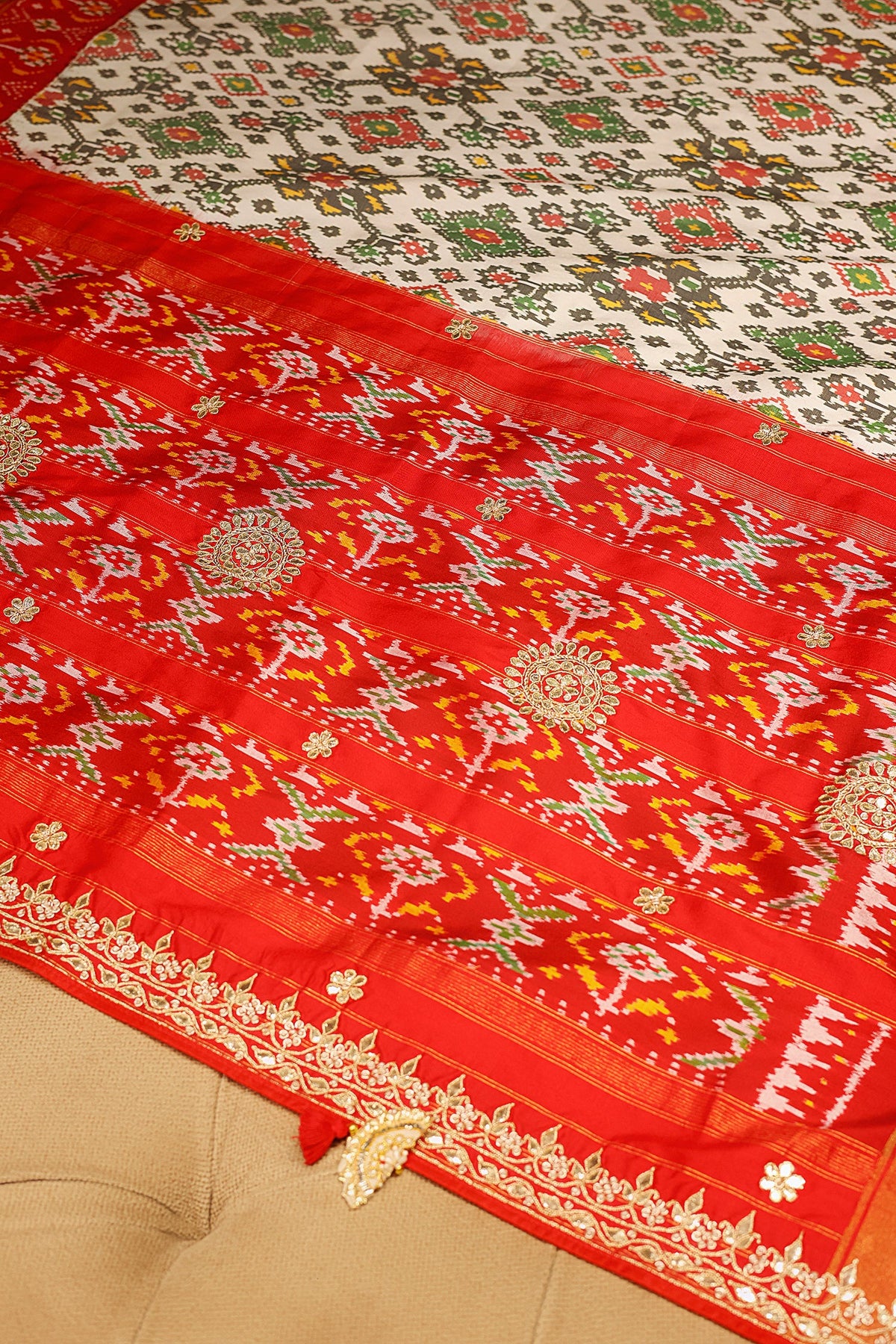 Off White Silk Traditional Patola Saree with Gota Work - white silk saree patola