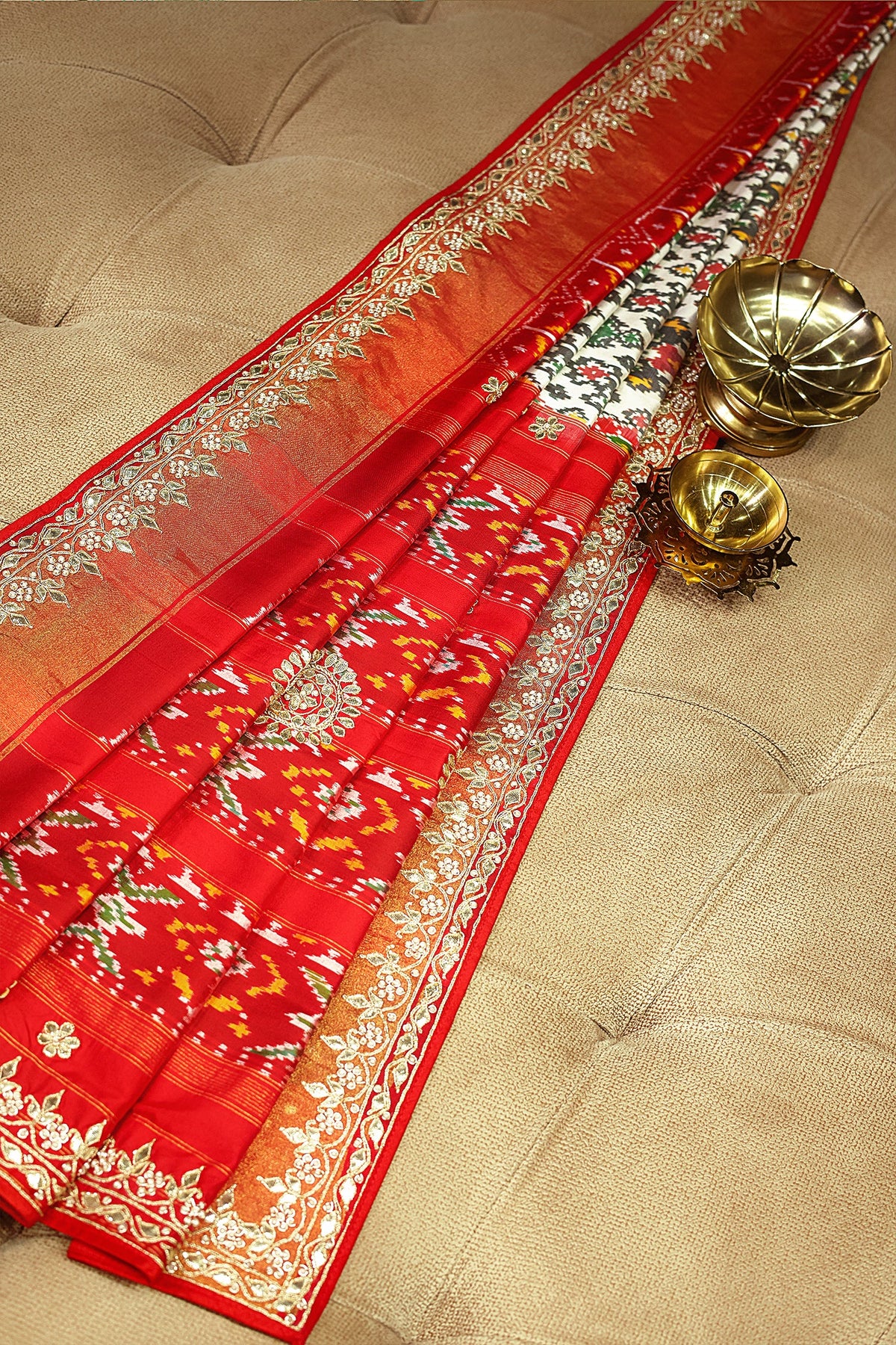 Off White Silk Traditional Patola Saree with Gota Work - white silk saree patola