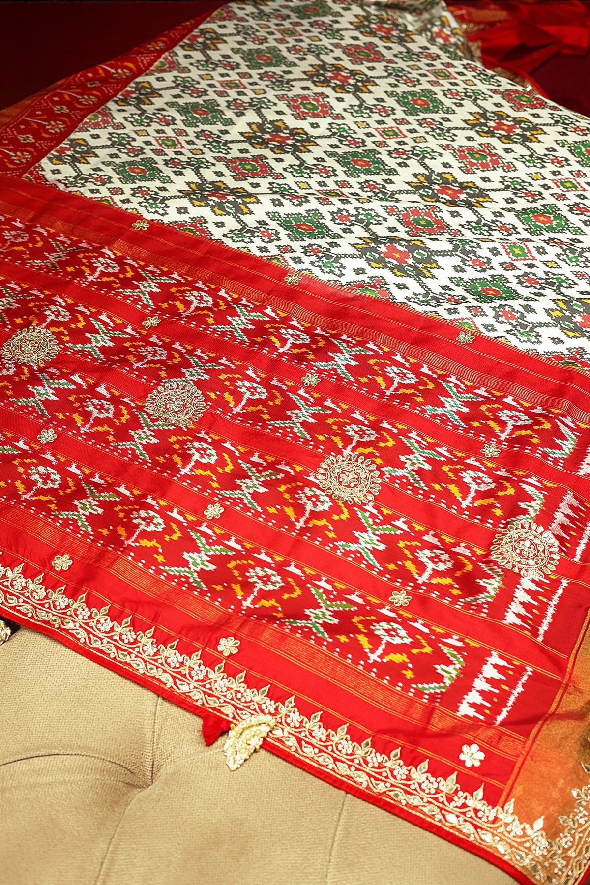 Off White Silk Traditional Patola Saree with Gota Work - white silk saree patola