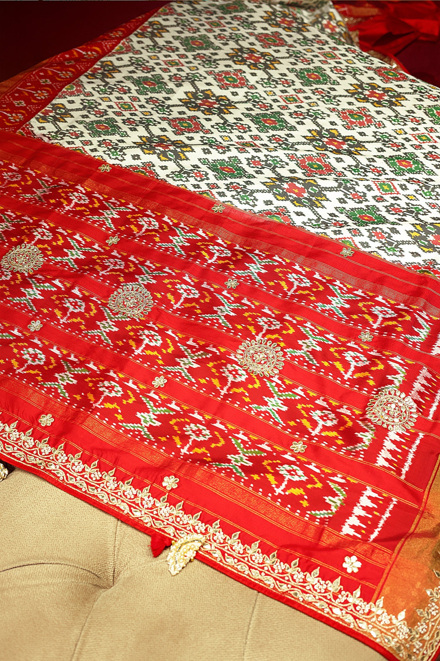 Off White Silk Traditional Patola Saree with Gota Work - white silk saree patola