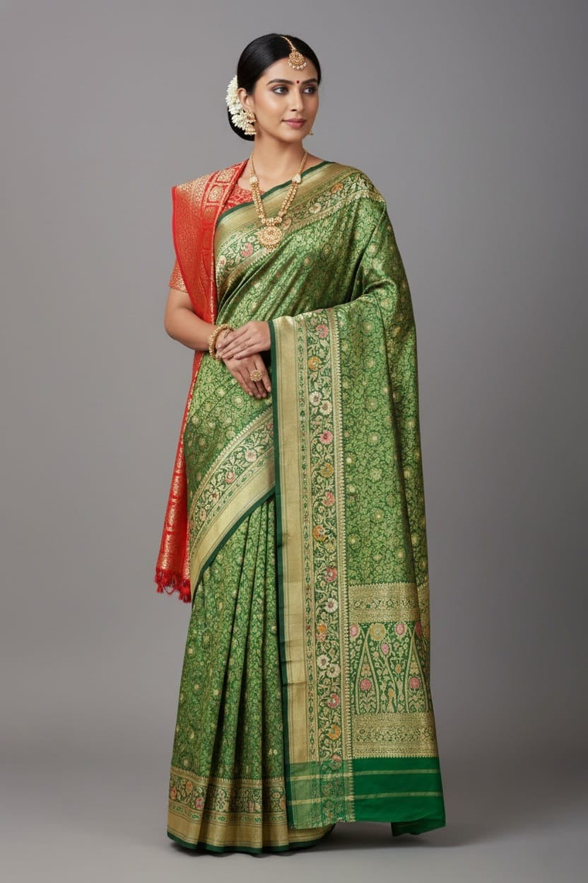 Green Banarasi Silk Floral Meenakari Woven Saree
