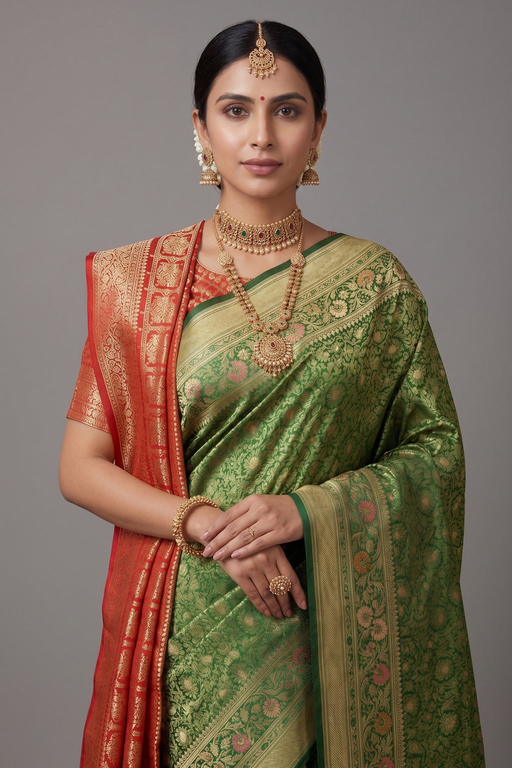 Green Banarasi Silk Floral Meenakari Woven Saree - green silk saree