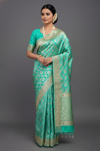 Sea Green Banarasi Silk Traditional Floral Woven Saree with Gota Beads Work - green silk saree
