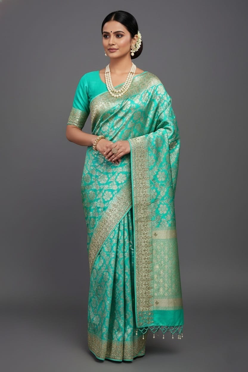 Sea Green Banarasi Silk Traditional Floral Woven Saree with Gota Beads Work - green silk saree