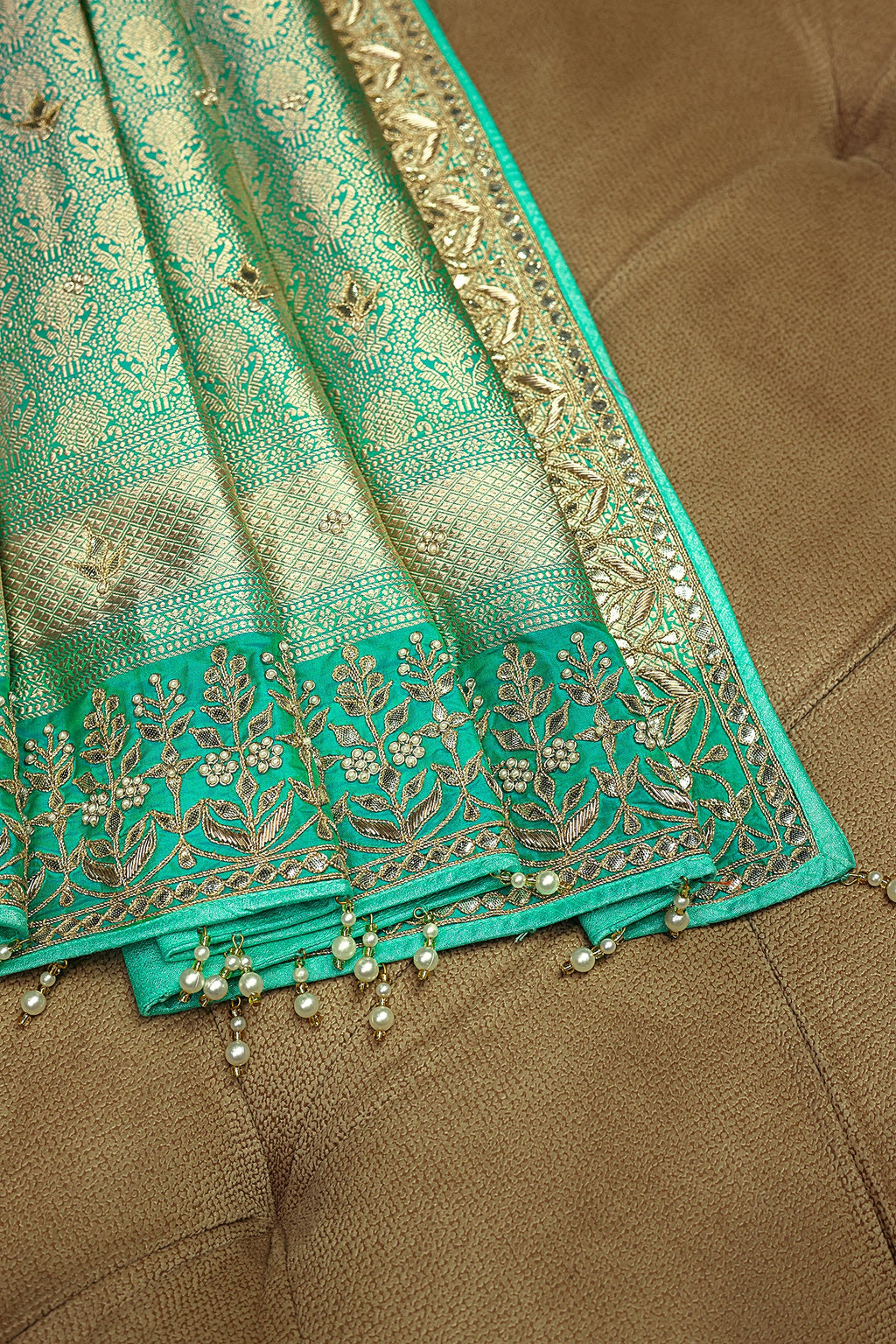 Sea Green Banarasi Silk Traditional Floral Woven Saree with Gota Beads Work - green silk saree