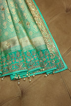 Sea Green Banarasi Silk Traditional Floral Woven Saree with Gota Beads Work - green silk saree